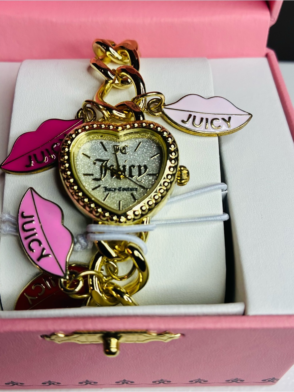 Juicy Couture Gold Heart Charm Watch with Pink Lip Charms